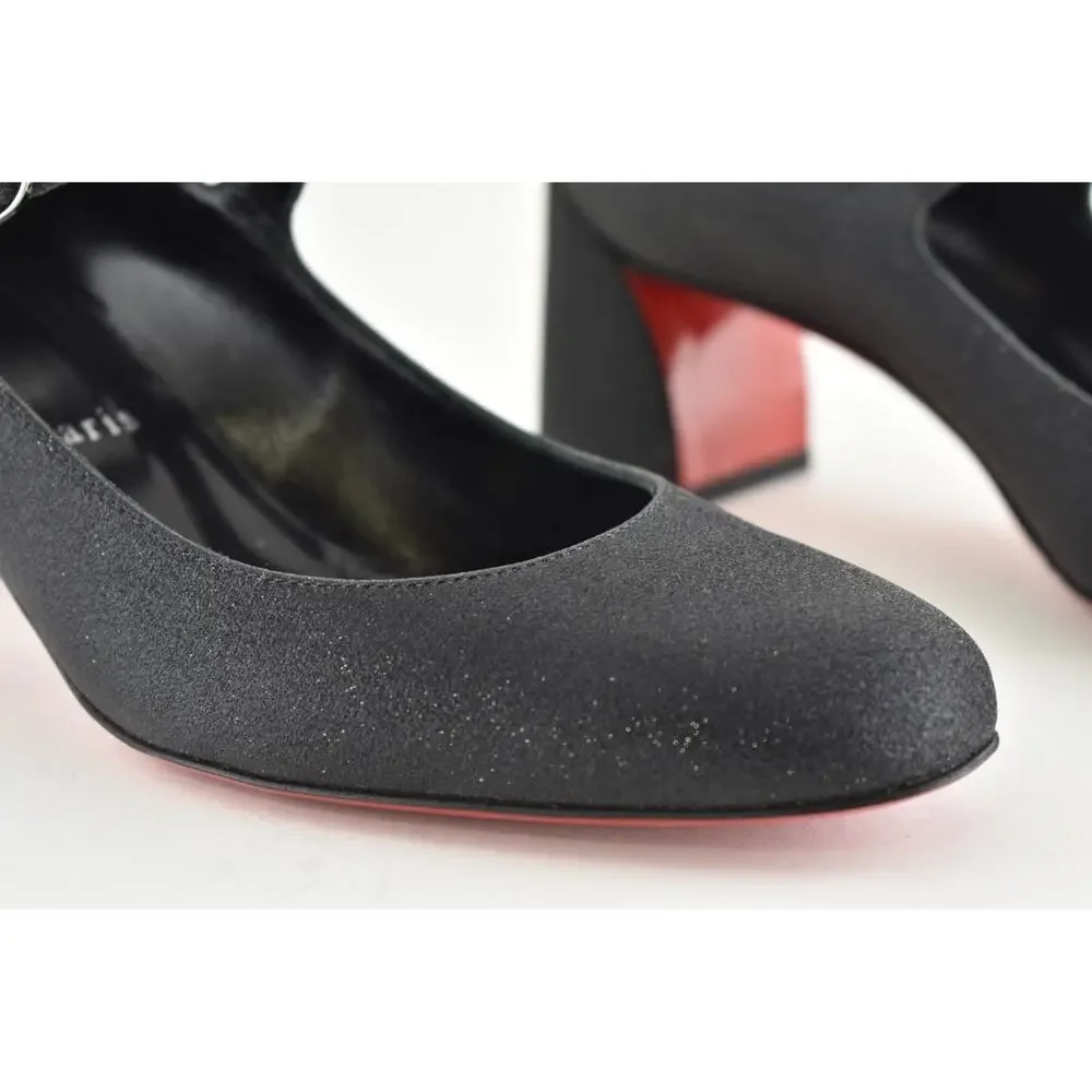 Christian Louboutin Miss Jane 55 Black Glitter Mary Jane Block Heel Pump 37.5